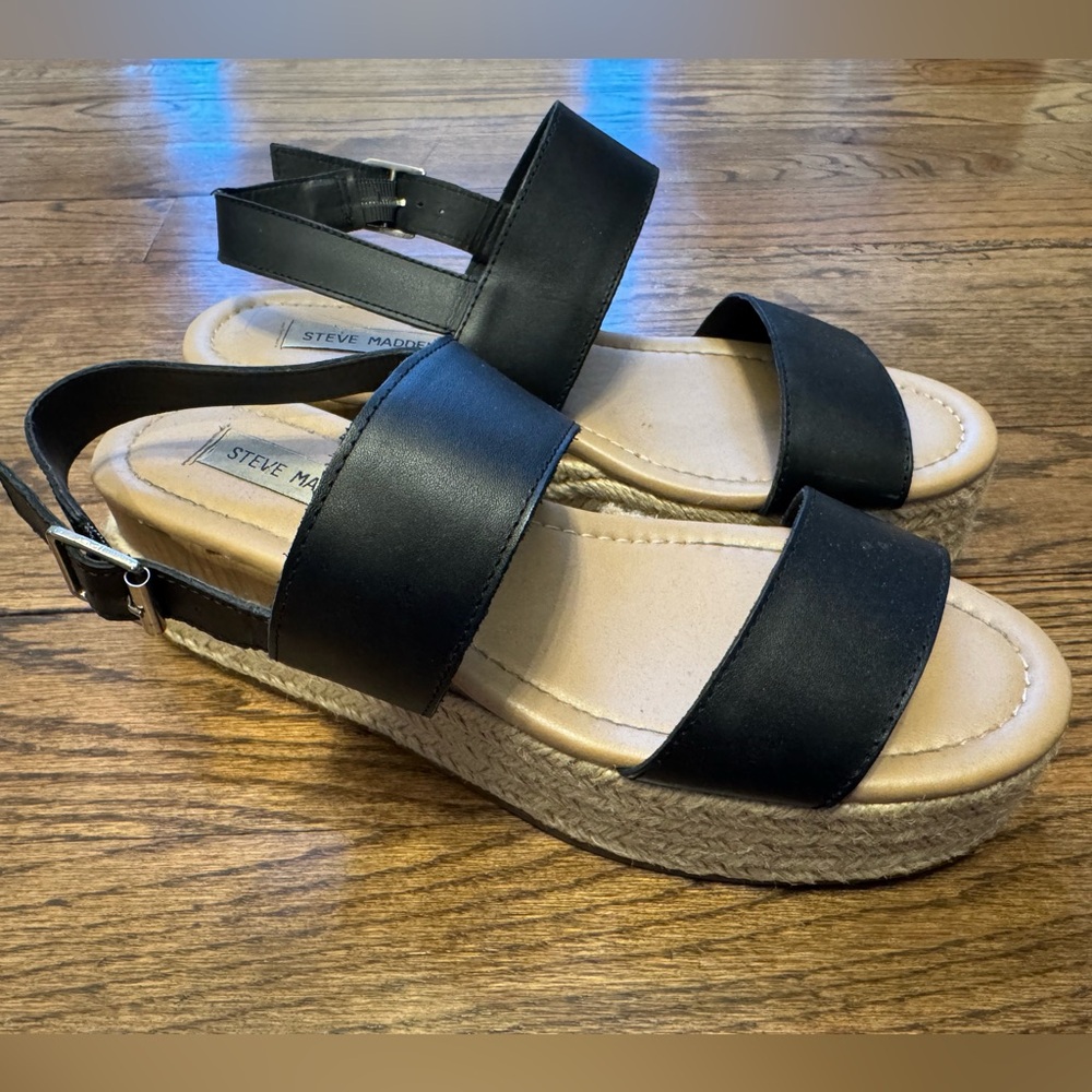Steve Madden Fifer Espadrille Platform Sandals Black Leather Size 9